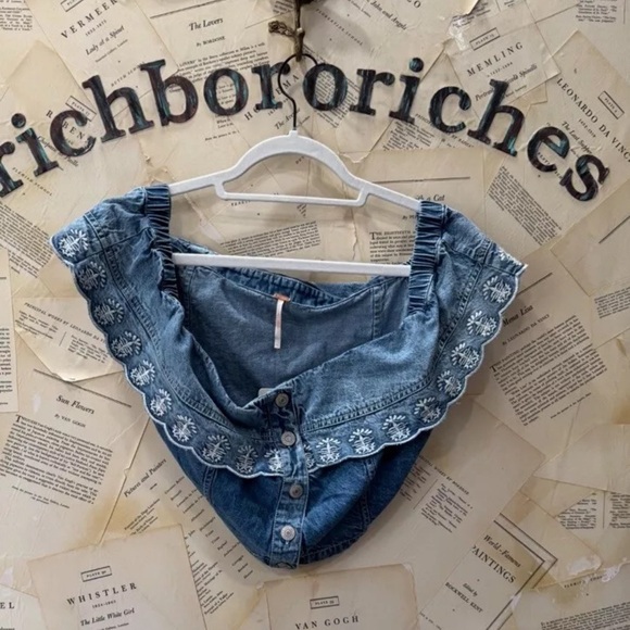 Free People Kora Set Denim Off The Shoulder Top Skirt Embroidered Trim Blue - Picture 6 of 9